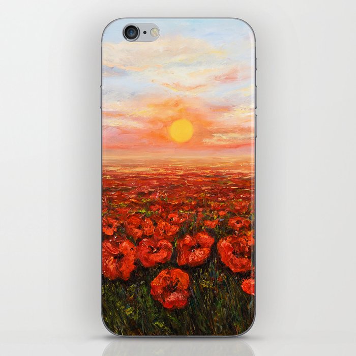 oil painting of Opium poppy( Papaver somniferum) field in front of beautiful sunset on canvas iPhone Skin
