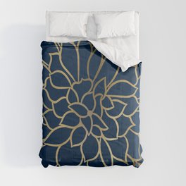 Floral Prints, Line Art, Navy Blue and Gold Comforter