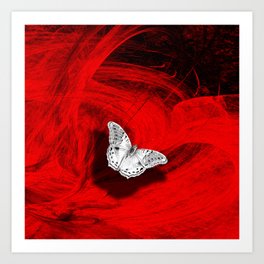Silver butterfly emerging from the red depths Art Print