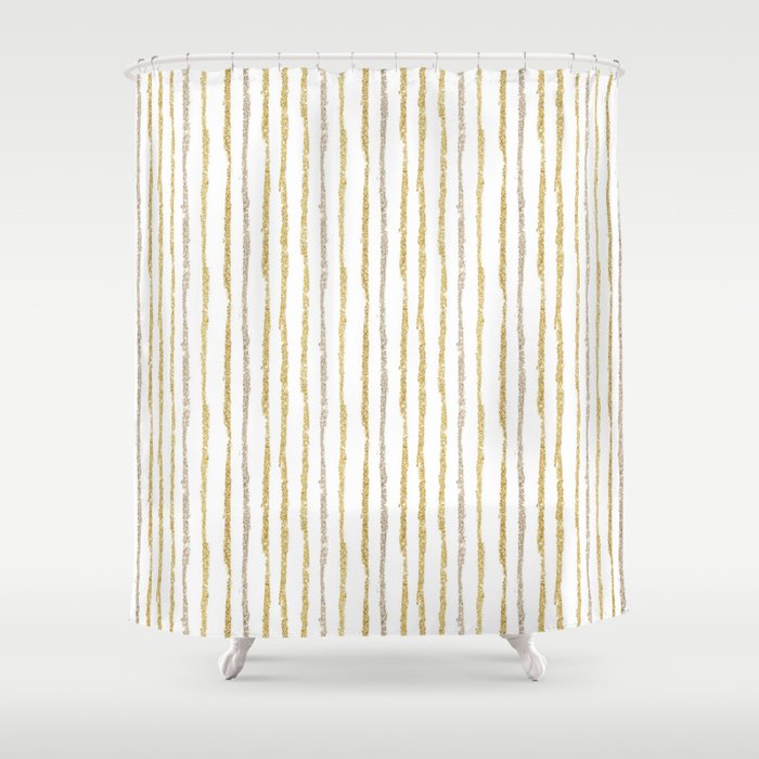 Silver Sparkle Lines Shower Curtain, White Silver Gold Shower Curtain