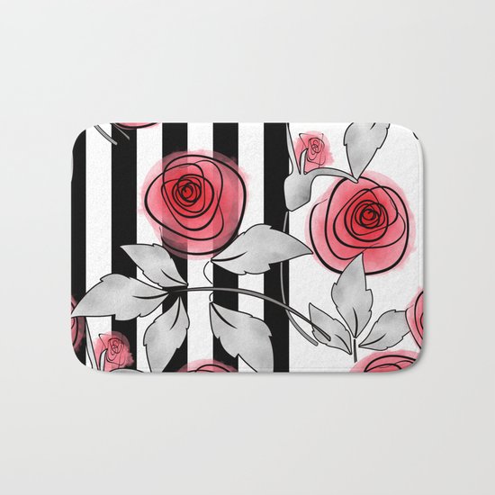 Red roses on black and white striped background. Bath Mat