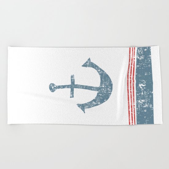 Maritime Design- Nautic Anchor on stripes in blue and red #Society6 Beach Towel