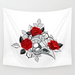 Bird Skull with Red Roses Wall Tapestry