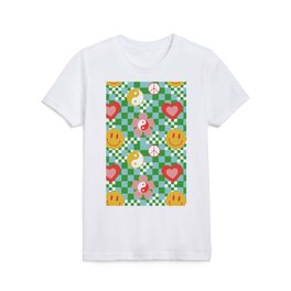 Y2K Indie Kid Symbols Pattern (YIN YANG \ PEACE \ HEART \ FLOWER \ SMILEY FACE) Kids T Shirt