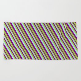 [ Thumbnail: Light Blue, Purple & Green Colored Pattern of Stripes Beach Towel ]