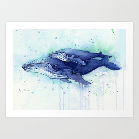 Humpback Whale Watercolor Mom and Baby Painting Whales Sea Creatures Art Print