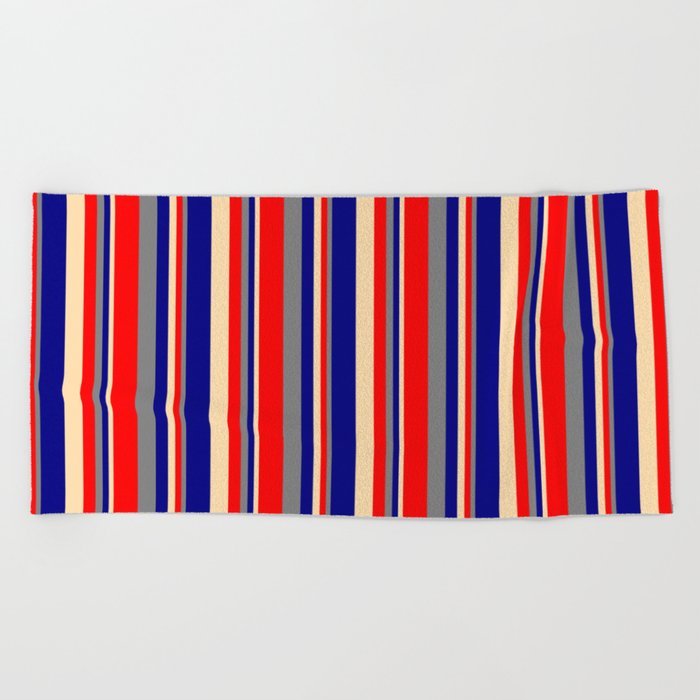 Tan, Blue, Gray & Red Colored Lines/Stripes Pattern Beach Towel