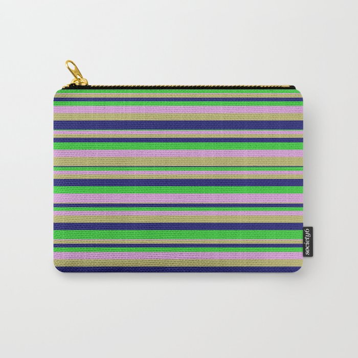 Plum, Dark Khaki, Midnight Blue, and Lime Green Colored Lines/Stripes Pattern Carry-All Pouch