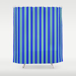 [ Thumbnail: Blue & Light Green Colored Lined/Striped Pattern Shower Curtain ]