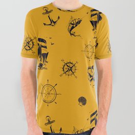 Mustard And Blue Silhouettes Of Vintage Nautical Pattern All Over Graphic Tee