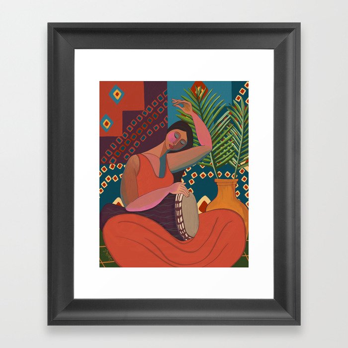 Woman playing Djembe Framed Art Print