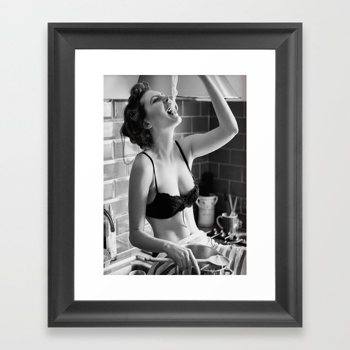 Spaghetti Girl, Black and White Vintage Photograph Framed Art Print