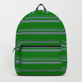 [ Thumbnail: Light Slate Gray and Green Colored Stripes Pattern Backpack ]