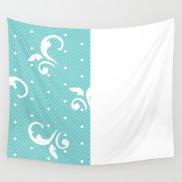 White Floral Curls Lace Vertical Split on Turquoise  Wall Tapestry