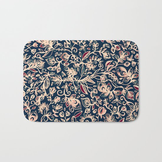 Navy Garden - floral doodle pattern in cream, dark red & blue Bath Mat
