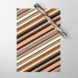 [ Thumbnail: Colorful Light Salmon, Grey, Light Yellow, Brown, and Black Colored Stripes Pattern Wrapping Paper ]