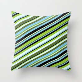 [ Thumbnail: Colorful Green, Light Cyan, Dark Olive Green, Sky Blue & Black Colored Lines/Stripes Pattern Throw Pillow ]
