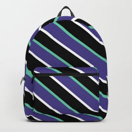 [ Thumbnail: Aquamarine, Dark Slate Blue, White, and Black Colored Striped/Lined Pattern Backpack ]