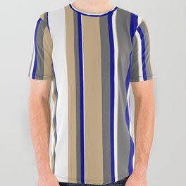 [ Thumbnail: Tan, Dim Grey, Dark Blue & White Colored Striped/Lined Pattern All Over Graphic Tee ]