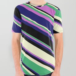 [ Thumbnail: Sea Green, Orchid, Midnight Blue, Black, and Light Yellow Colored Lines/Stripes Pattern All Over Graphic Tee ]