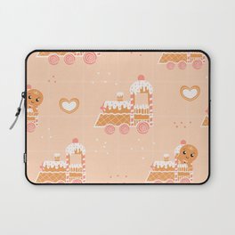 Gingerman Seamless Pattern with Cookie Locomotive on Light Yellow Background, Checked Ornate for Christmas Laptop Sleeve