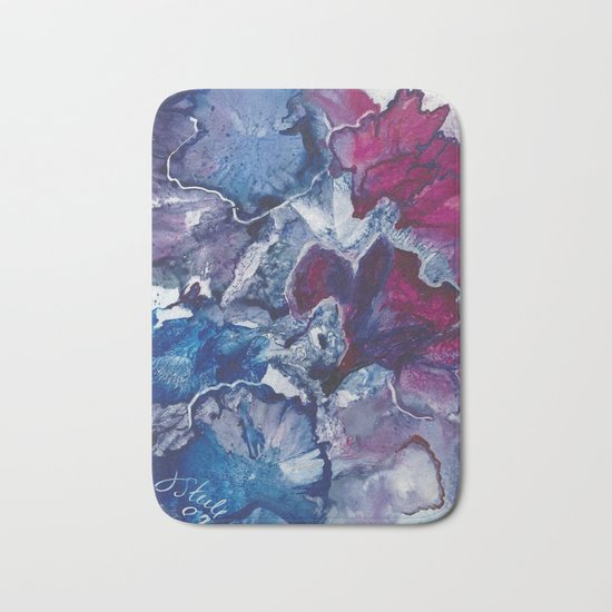 Blue and Red Abstract encaustic flowers Bath Mat