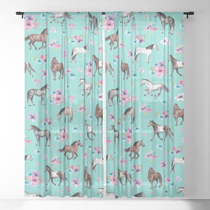 Hand Drawn Horses Flower Horses Floral Pattern Aqua Blue Sheer Curtain By Cateandrainn Society6