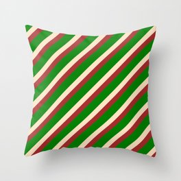 [ Thumbnail: Brown, Green & Bisque Colored Stripes Pattern Throw Pillow ]