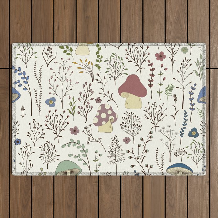 Seamless pattern. Set of colorful wild plants and fungus on white background Outdoor Rug