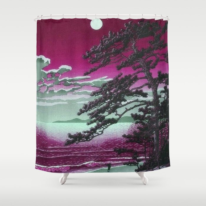 Pink Sunrise Spring Moon at Ninomiya Beach by Hasui Kawase portrait painting art print Shower Curtain