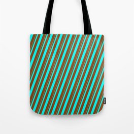 [ Thumbnail: Aqua and Brown Colored Lined/Striped Pattern Tote Bag ]