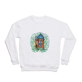 magic  victorian house and green leaves on white background  Crewneck Sweatshirt