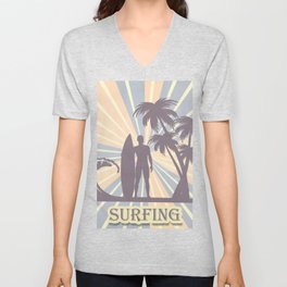 Colorful Retro Vintage Surfing Palms Wave Board Boy V Neck T Shirt