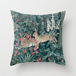 William Morris Forest Rabbits and Foxglove Greenery Throw Pillow