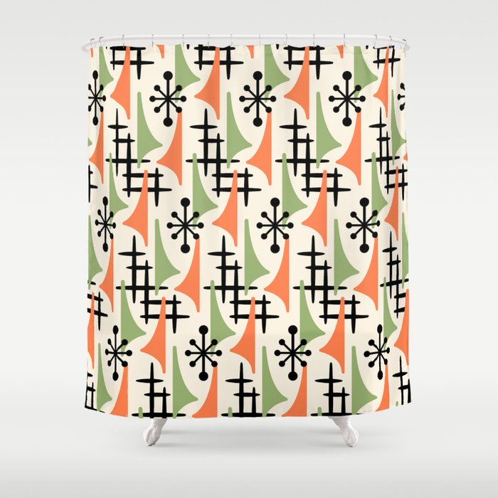 Mid Century Modern Atomic Age Googie Wing Composition 722 Orange Sage Green Shower Curtain