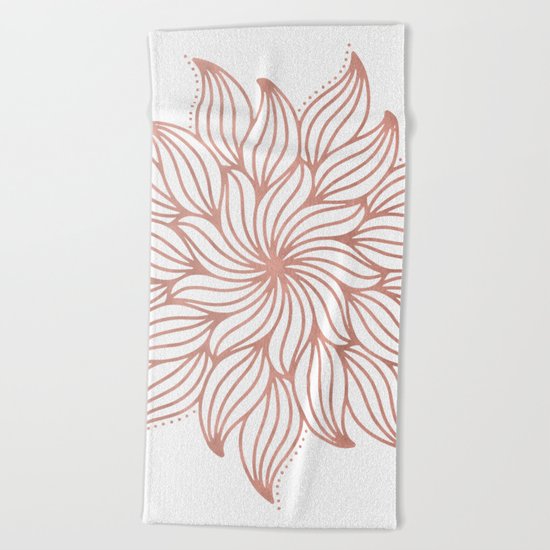 Mandala Floral Rose Gold on White Beach Towel