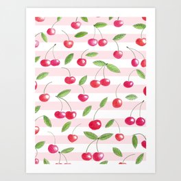 Cherries and pink stripes Art Print