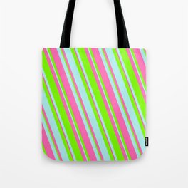[ Thumbnail: Green, Turquoise & Hot Pink Colored Lines Pattern Tote Bag ]
