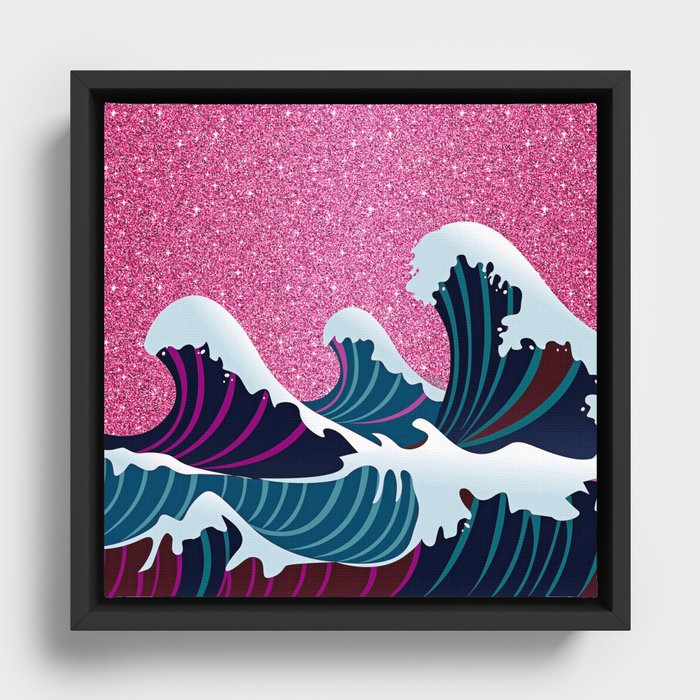 Abstract White Navy Blue Pink Glitter Japanese Waves Framed Canvas