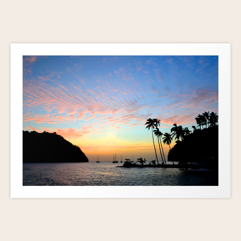 Sunset On Tropical Island Black Silhouette Of