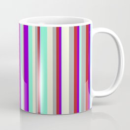 [ Thumbnail: Dark Violet, Red, Dark Grey, Beige & Aquamarine Colored Striped Pattern Coffee Mug ]