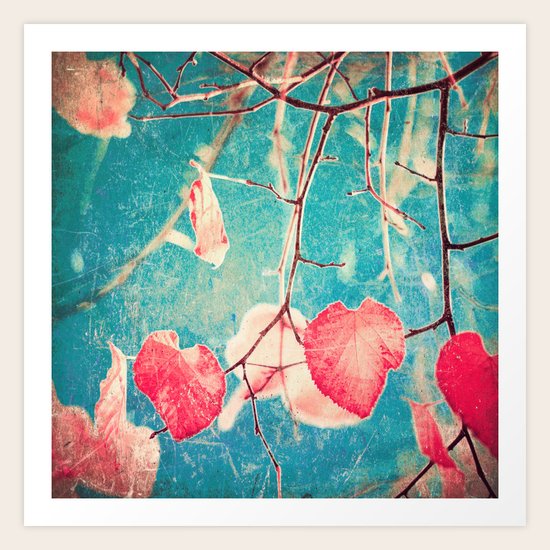 Autumn Hea(u)rts - Textured photography, pinks leafs in blue sky Art Print