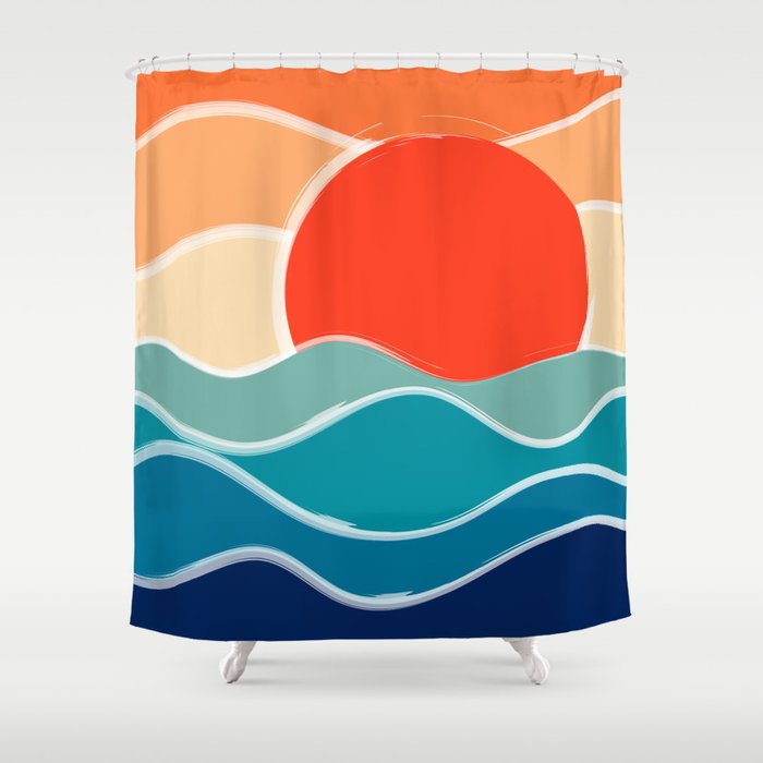 Retro 70s and 80s Color Palette Mid-Century Minimalist Nature Waves and Sun Abstract Art Shower Curtain