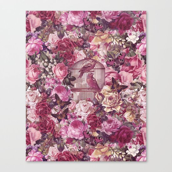 Vintage Bird Cage Flower Pattern Retro Illustration Canvas Print