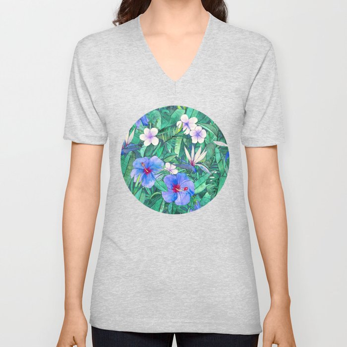 White Bird of Paradise & Blue Hibiscus Tropical Garden V Neck T Shirt