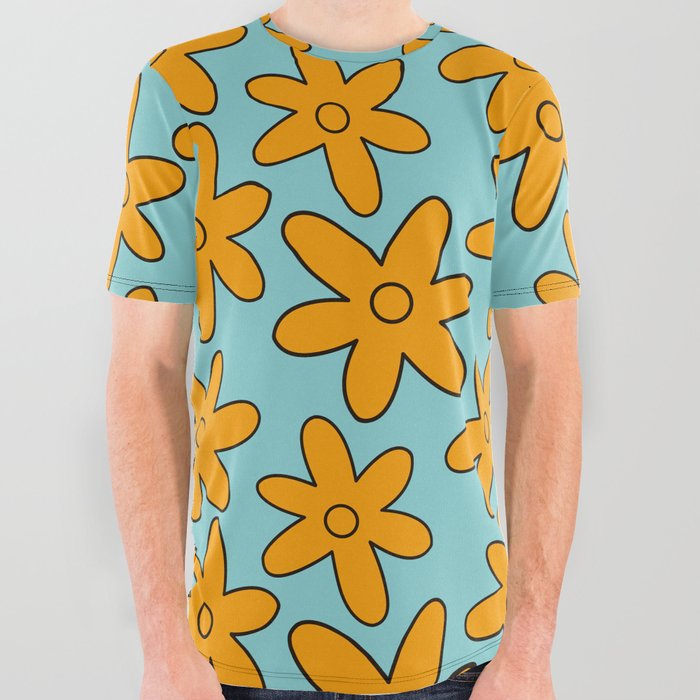 cute blue and yellow retro mystery machine flower pattern All Over Graphic Tee