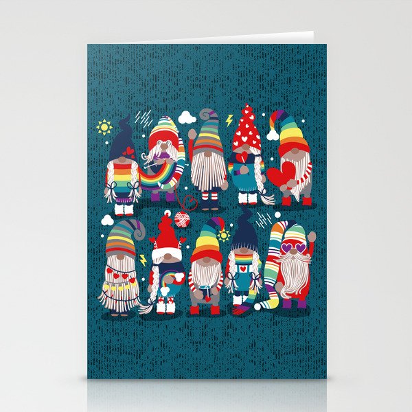 I gnome you // dark teal background little happy and lovely gnomes with rainbows vivid red hearts Stationery Cards