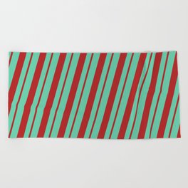[ Thumbnail: Aquamarine & Red Colored Striped Pattern Beach Towel ]