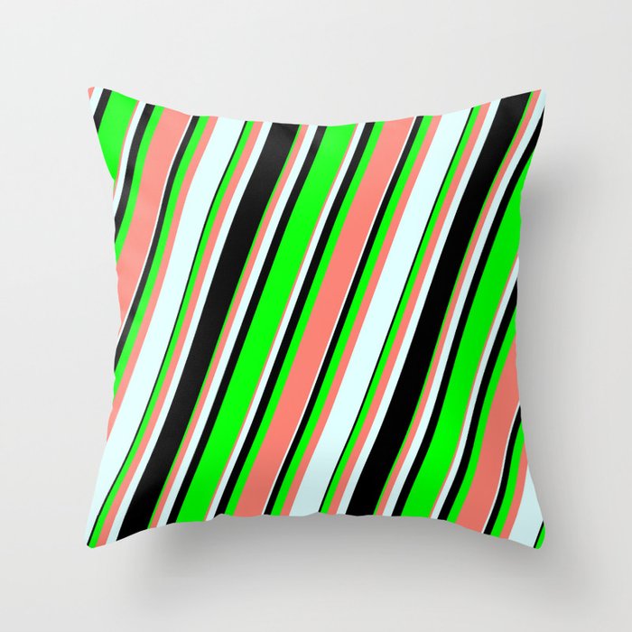 Lime, Salmon, Light Cyan, and Black Colored Striped Pattern Throw Pillow