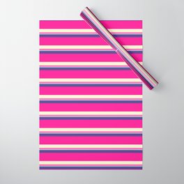 [ Thumbnail: Colorful Dark Slate Blue, Deep Pink, Light Yellow, Hot Pink & Light Blue Colored Lined Pattern Wrapping Paper ]